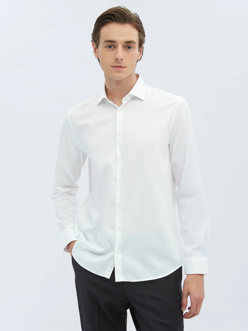 Kip White Plain Regular Fit Woven Classic Cotton Blend Shirt