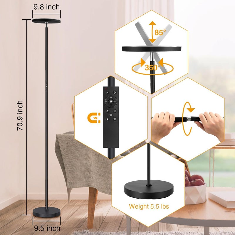 OUTON 30W 3000LM LED Uplighter Floor Lamp, Super Bright Dimmable Tall Standing Lamp with 4 Colour Temperatures, Remote & Touch Control, 1 Hour Timer for Living Room Bedroom Office, Black - Image 4
