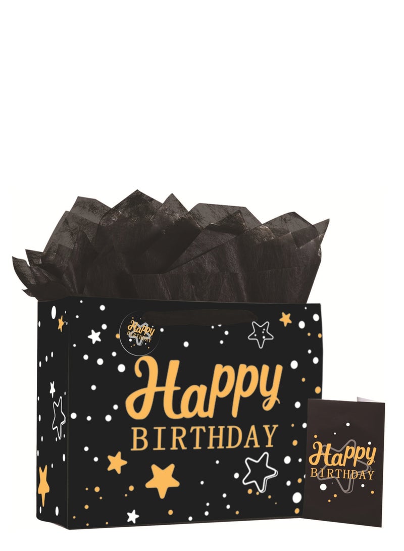 Black Birthday Gift Bag with Tissue Paper and Greeting Card, 13'x10.2'x4.9', Medium (1-Piece Set, Black Starry Sky, Unisex, Includes Card, Ribbon, Crinkle Paper)
