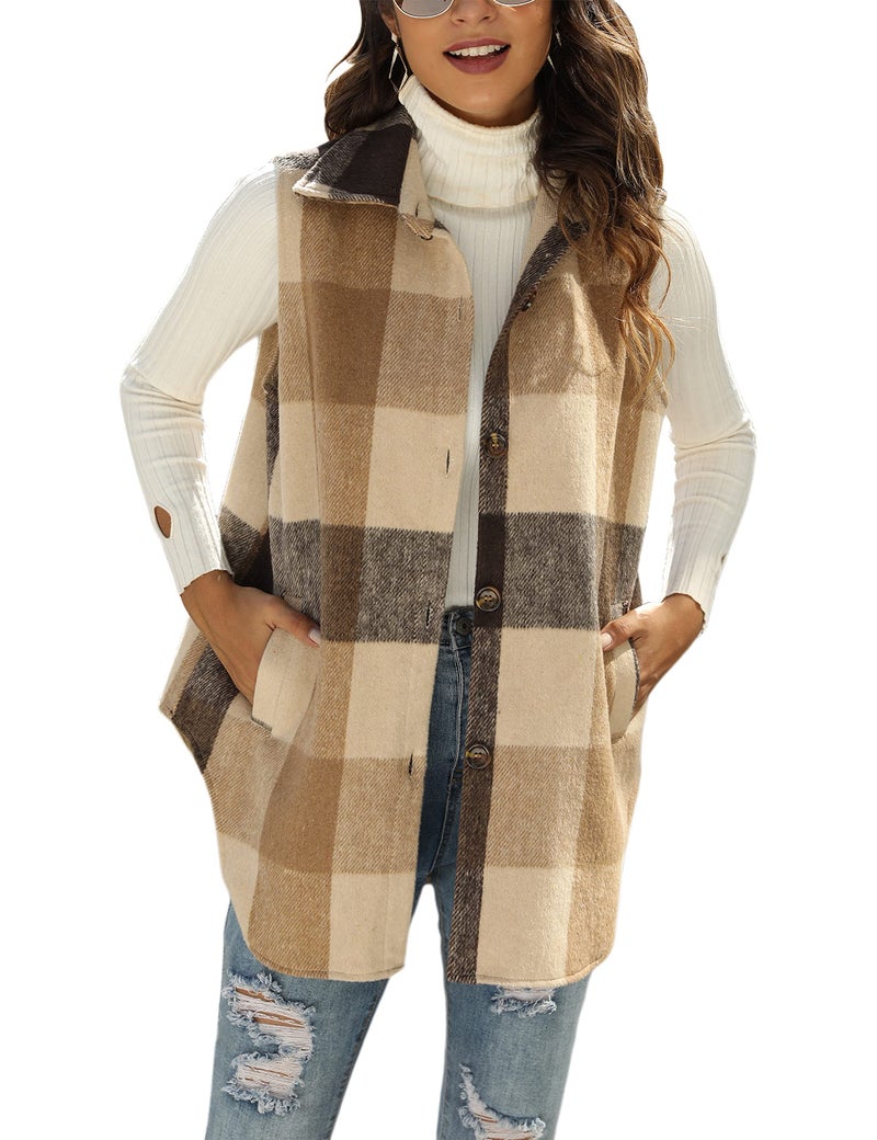UANEO Womens Fall Flannel Plaid Vest Button Down Sleeveless Shirt Jacket With Pockets BrownL