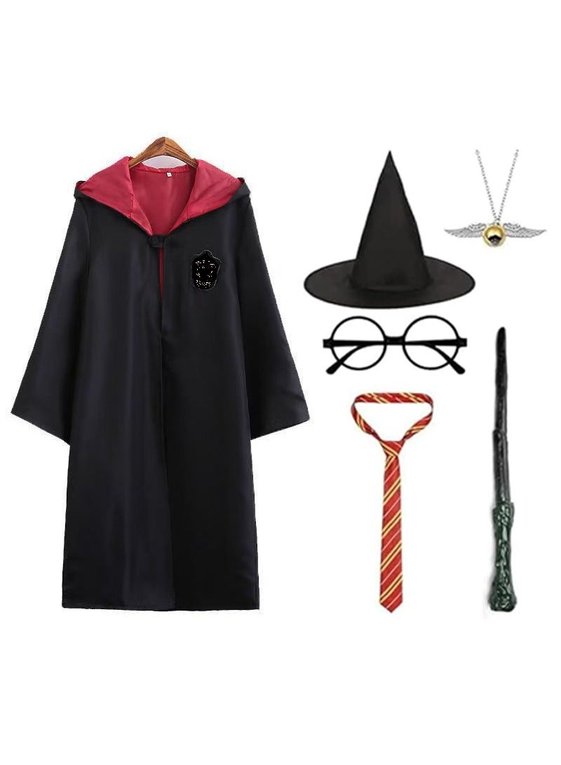 TAPIT 6PCS Magic Wizard Costume Set for Kids, Wizard Cosplay Party Costumes Set with Magic Wand, Hat, Glasses Frame, and Necklace, School Costume Robe with Cosplay Costume Accessories, for Boys and Girls (Size: 145cm)  - Image 1