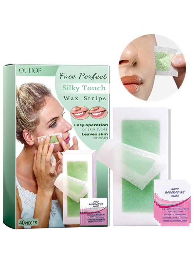OUHOE Facial Wax Strips - Double Sides Facial Body Wax Strips, Waxing Kit with 40 Face Wax Strips and 6 Calming Oil Wipes - Image 1