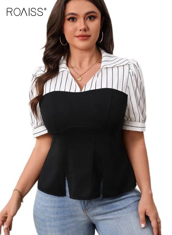 رويس تي شيرت نسائي مخطط صيفي بأكمام قصيرة ورقيقة، قابل للتنفس، مريح، كاجوال، مناسب للارتداء اليومي وملابس الاسترخاء - Image 1