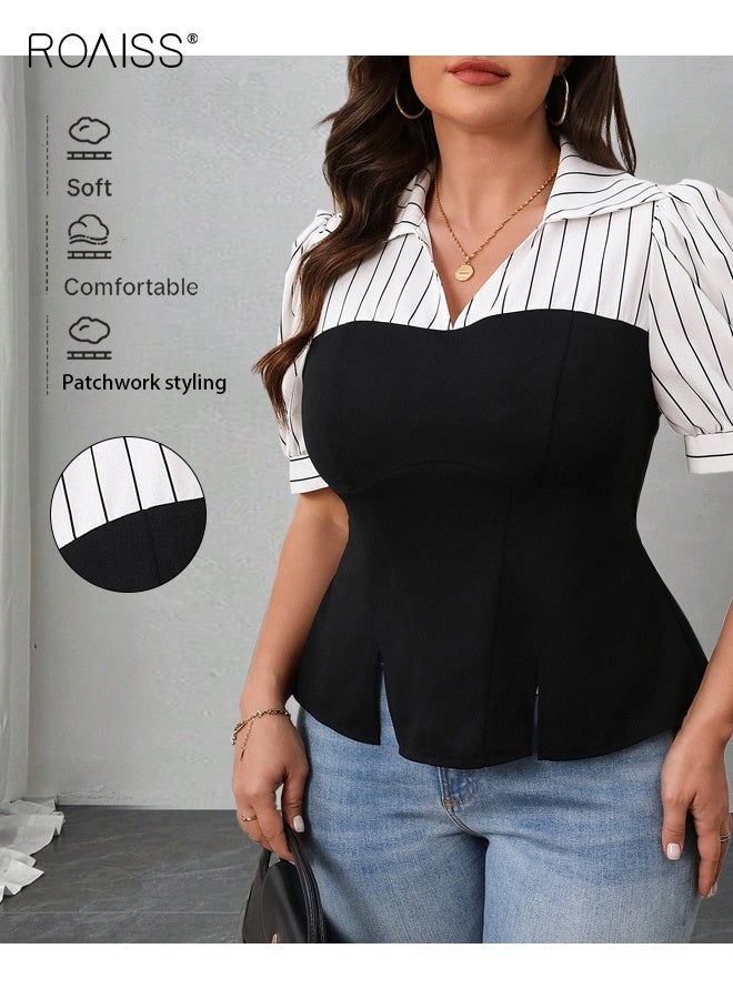 رويس تي شيرت نسائي مخطط صيفي بأكمام قصيرة ورقيقة، قابل للتنفس، مريح، كاجوال، مناسب للارتداء اليومي وملابس الاسترخاء - Image 2