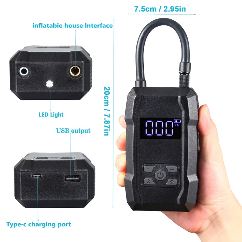 Portable Cordless Tire Inflator LCD Digital 150 PSI Air Compressor 6000mAh Rechargeable Air Pump with Preset Tire Pressure, Auto Stop Function, Emergency LED Light, Built-in Shock Absorber, Dual - Image 3