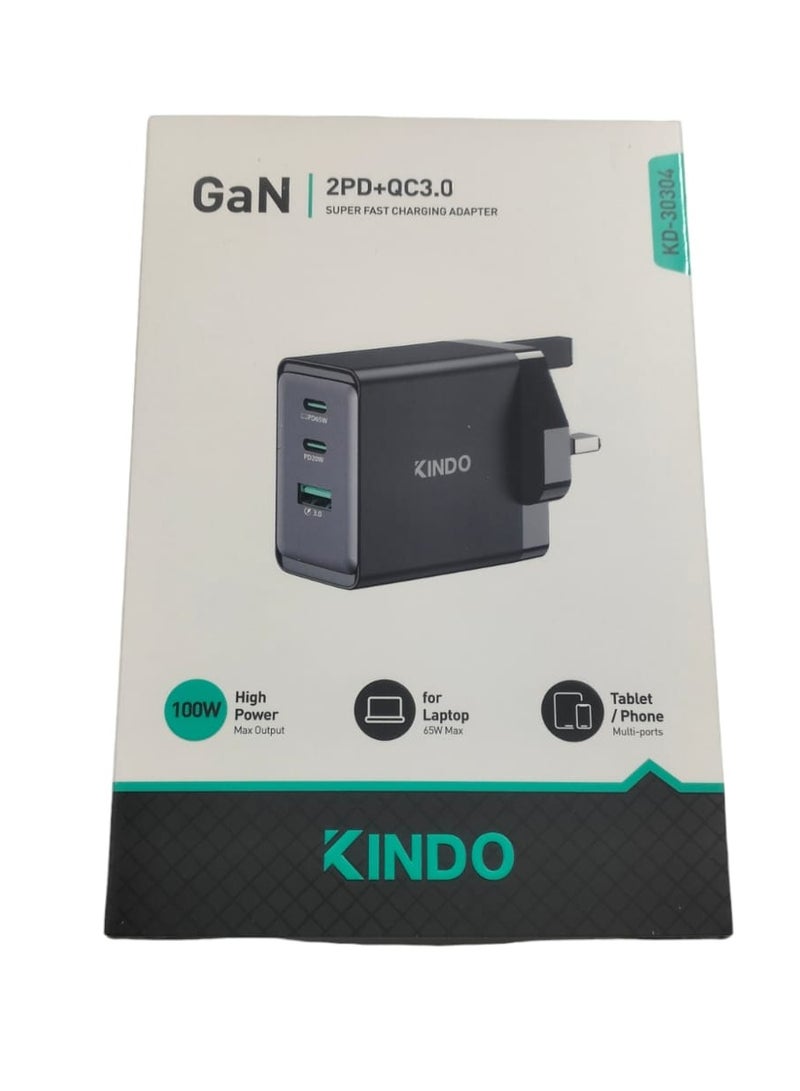 كيندو شاحن حائط عالمي 100 واط (2 منفذ Type-C PD65w/PD20w + USB 3.0) - Image 2