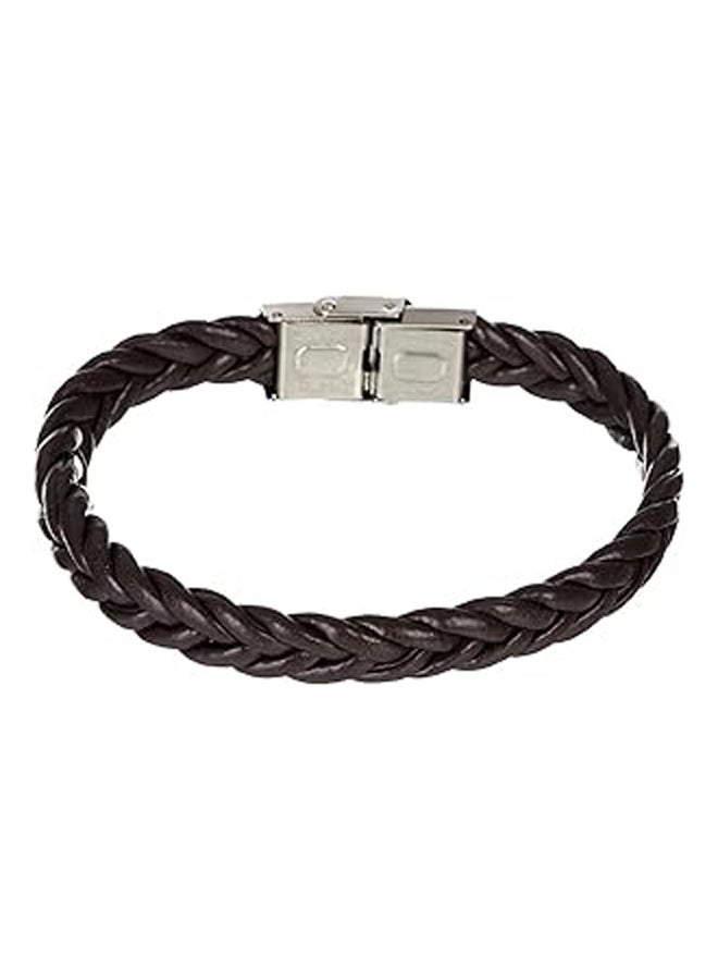 Men Dark Brown Genuine Leather Stainless Steel Bangle Bracelet