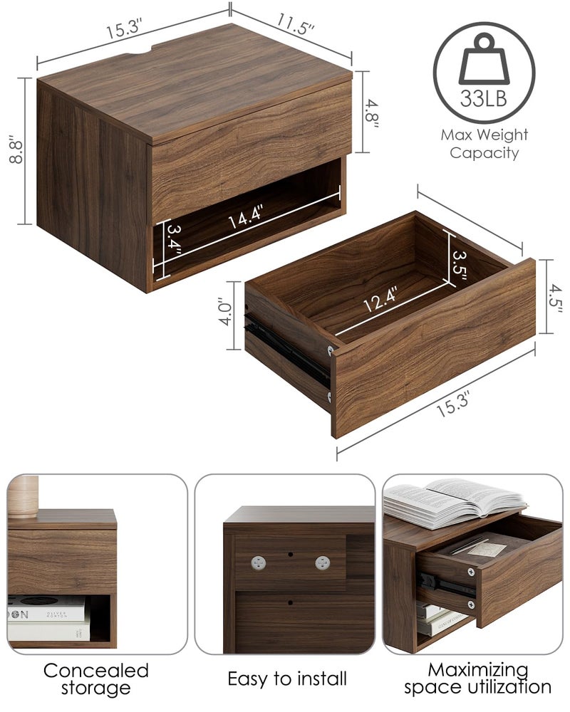 Aienvey Floating Nightstand, Small Modern Floating Nightstand with Drawer, Floating Shelves for Bedroom, Bathroom (Brown Walnut) - Image 2