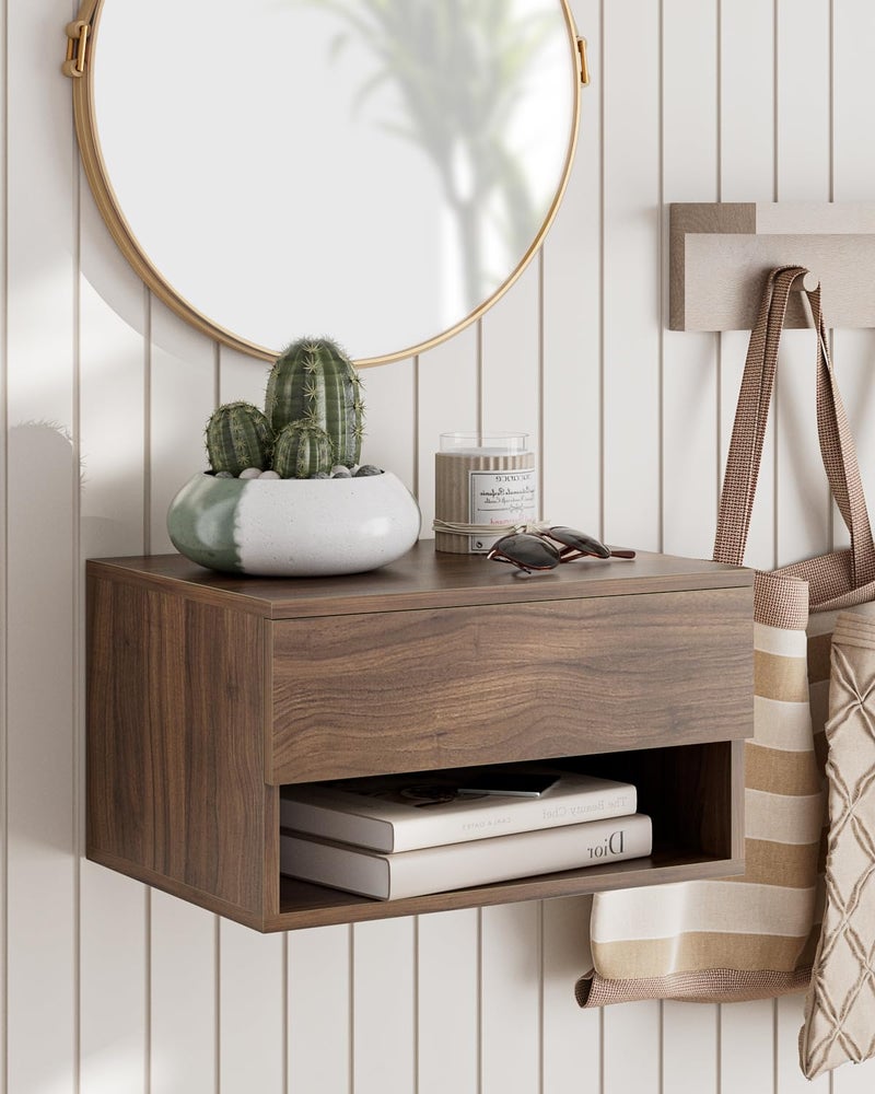 Aienvey Floating Nightstand, Small Modern Floating Nightstand with Drawer, Floating Shelves for Bedroom, Bathroom (Brown Walnut) - Image 1