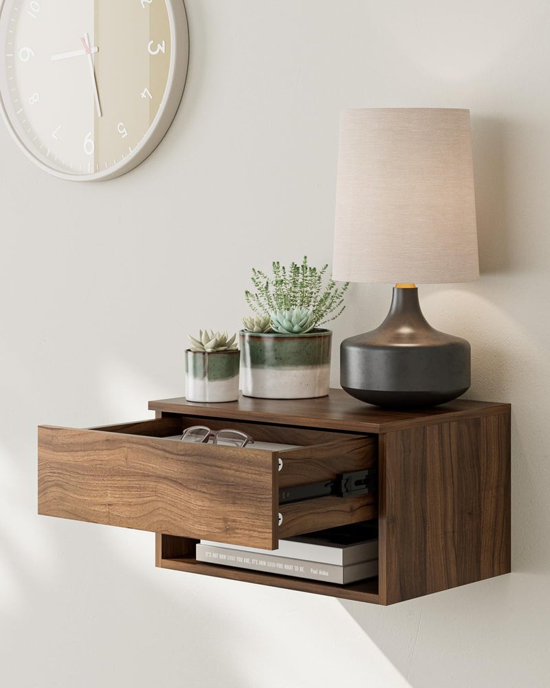Aienvey Floating Nightstand, Small Modern Floating Nightstand with Drawer, Floating Shelves for Bedroom, Bathroom (Brown Walnut) - Image 4
