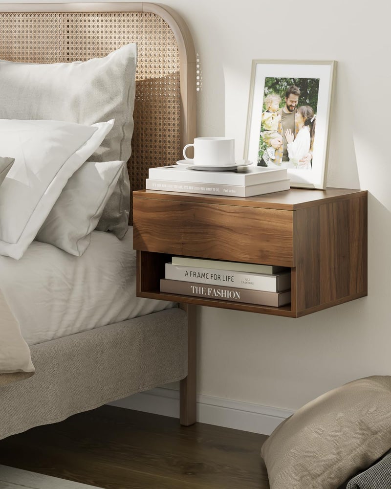Aienvey Floating Nightstand, Small Modern Floating Nightstand with Drawer, Floating Shelves for Bedroom, Bathroom (Brown Walnut) - Image 3