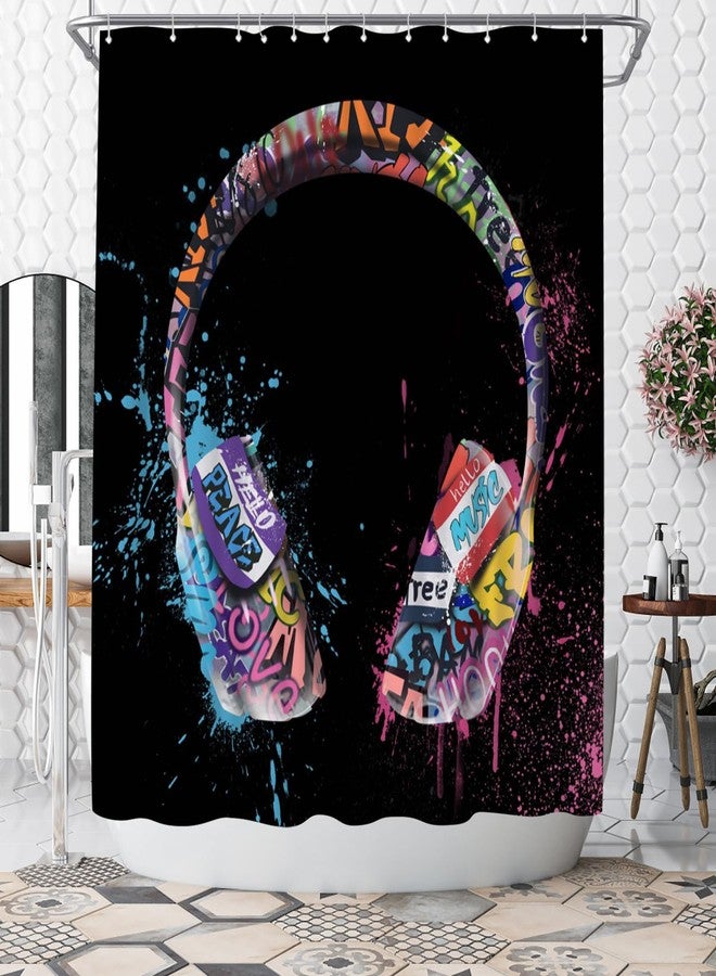 WELMECO Music Shower Curtain Graffiti DJ Music Headphone Boys Shower Curtain 72x72inch Polyester Fabric Bathroom Decor - Image 1