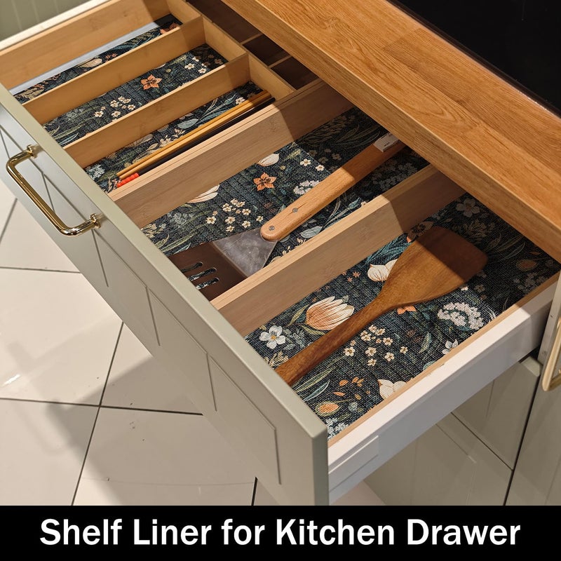 Amiitay Vintage Floral Drawer Liner, Non-Adhesive and Strong Non-Slip Floral Shelf Cabinet Drawer Liners for Kitchen, Waterproof Cupboard Liners,Easy to Clean,12IN x 10FT,Dark Green - Image 3