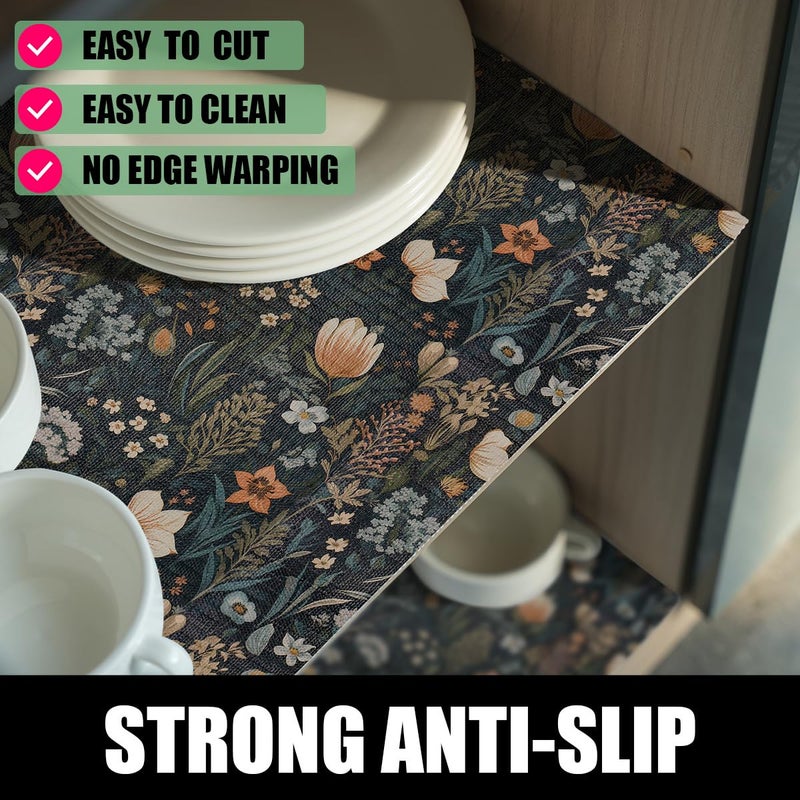 Amiitay Vintage Floral Drawer Liner, Non-Adhesive and Strong Non-Slip Floral Shelf Cabinet Drawer Liners for Kitchen, Waterproof Cupboard Liners,Easy to Clean,12IN x 10FT,Dark Green - Image 2