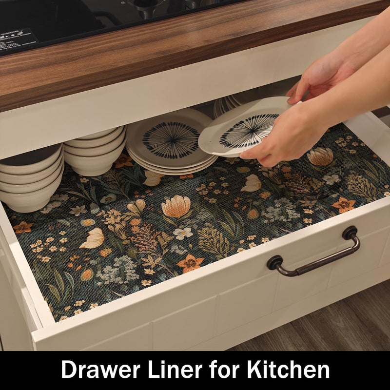 Amiitay Vintage Floral Drawer Liner, Non-Adhesive and Strong Non-Slip Floral Shelf Cabinet Drawer Liners for Kitchen, Waterproof Cupboard Liners,Easy to Clean,12IN x 10FT,Dark Green - Image 4