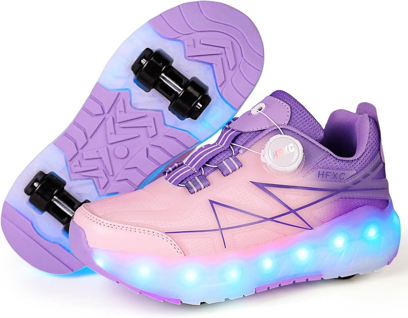 HFXC Roller Skates Shoes 4 Wheels for Kids - LED Light Up Flashing Sneaker in Pink/Purple - Image 1