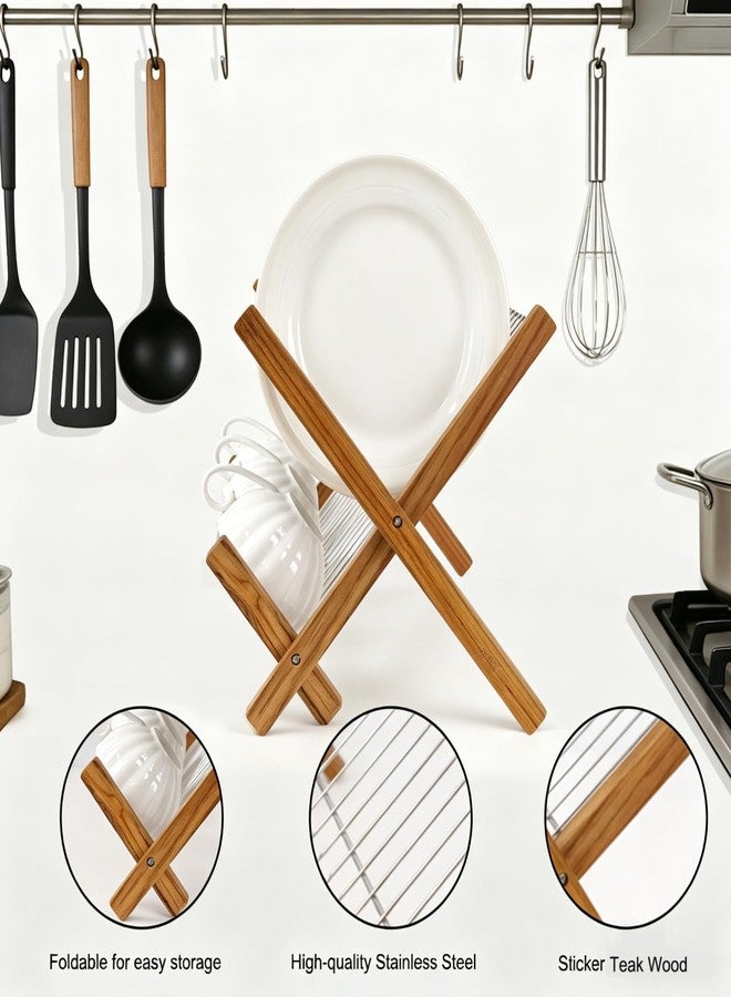 HTB Dish Drying Rack 2 Tier,Collapsible Stainless Steel & Teak Wood Dish Drying Rack,Foldable Dish Drainer for Plates,Cups,Kitchen Counter,Home,Apartment - Image 4