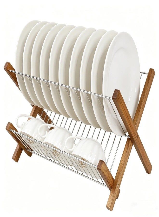 HTB Dish Drying Rack 2 Tier,Collapsible Stainless Steel & Teak Wood Dish Drying Rack,Foldable Dish Drainer for Plates,Cups,Kitchen Counter,Home,Apartment - Image 1