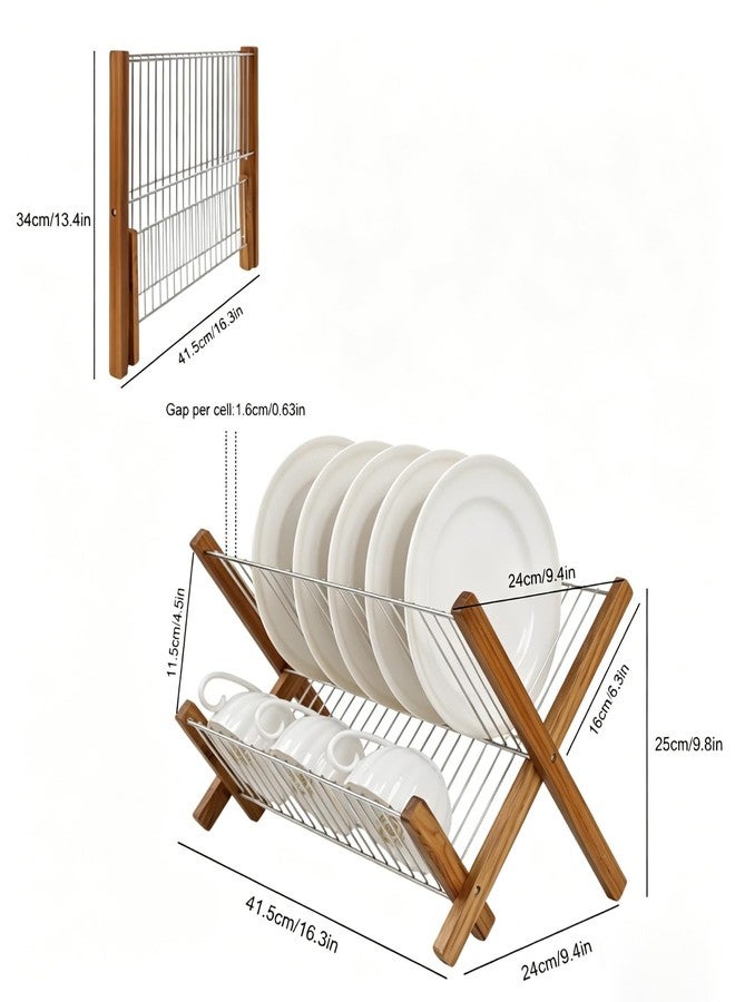 HTB Dish Drying Rack 2 Tier,Collapsible Stainless Steel & Teak Wood Dish Drying Rack,Foldable Dish Drainer for Plates,Cups,Kitchen Counter,Home,Apartment - Image 2