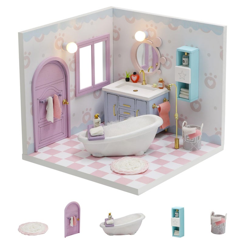 Kisoy Dollhouse Miniature with Furniture Kit DIY 3D Wooden DIY House Kit A Corner of a Small Apartment Style with Dust Cover LEDHandmade Tiny House Toys for Kids Adults Gift Bathroom - Image 3