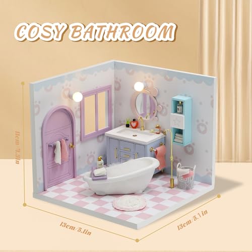 Kisoy Dollhouse Miniature with Furniture Kit DIY 3D Wooden DIY House Kit A Corner of a Small Apartment Style with Dust Cover LEDHandmade Tiny House Toys for Kids Adults Gift Bathroom - Image 5