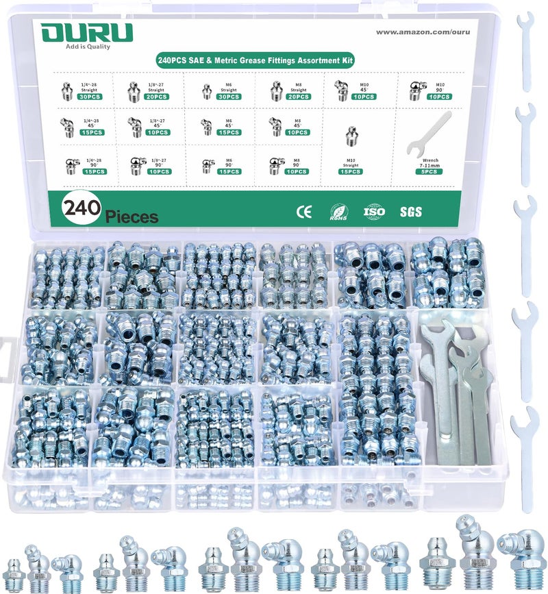 OURU 240PCS Grease Fittings Assortment,SAE & Metric Zerk Grease Fittings Straight 45 90 Degree with Wrench Kit(7-11mm) for Grease Gun - Image 1