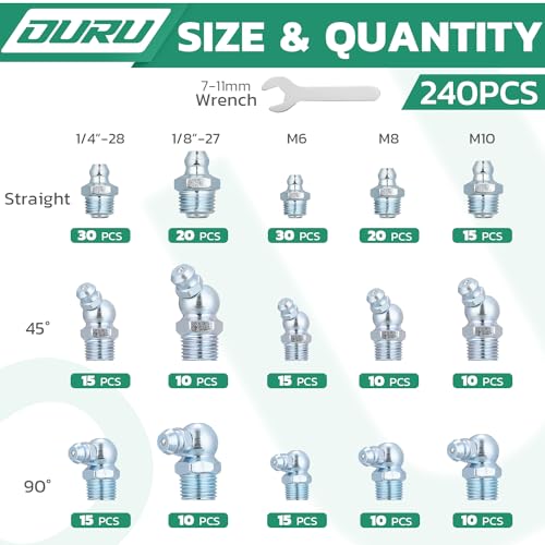 OURU 240PCS Grease Fittings Assortment,SAE & Metric Zerk Grease Fittings Straight 45 90 Degree with Wrench Kit(7-11mm) for Grease Gun - Image 2