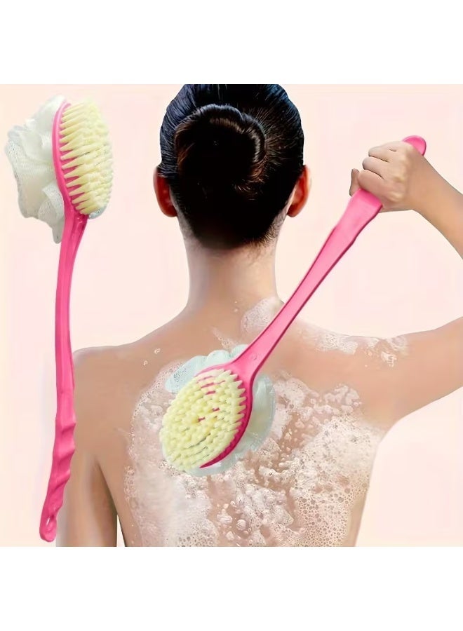 فرشاة استحمام مزدوجة الجوانب بمقبض طويل – لتنظيف وتقشير الجسم والظهر بسهولة ولطف – جانب بشعيرات ناعمة وجانب بإسفنجة شبكية رغوية – مناسبة للرجال والنساء للعناية اليومية – قطعة واحدة (قد يختلف اللون) - Image 1