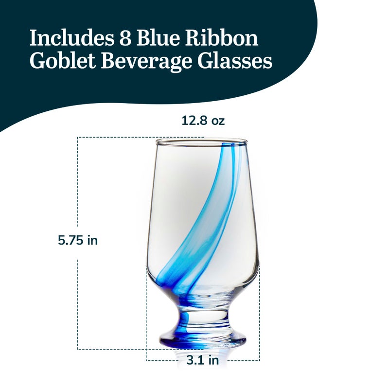 Libbey Blue Ribbon Goblet Glasses, Unique Blue Water Goblets Set of 8, Thick Stemmed Water Glasses for Sodas & Cocktails - Image 3