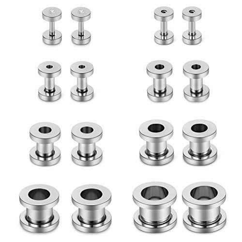SCERRING 8 Pairs Screw Ear Tunnels Stretching Kit Stainless Steel Gauge Plugs Expanders Set 14G-00G Silver - Image 1