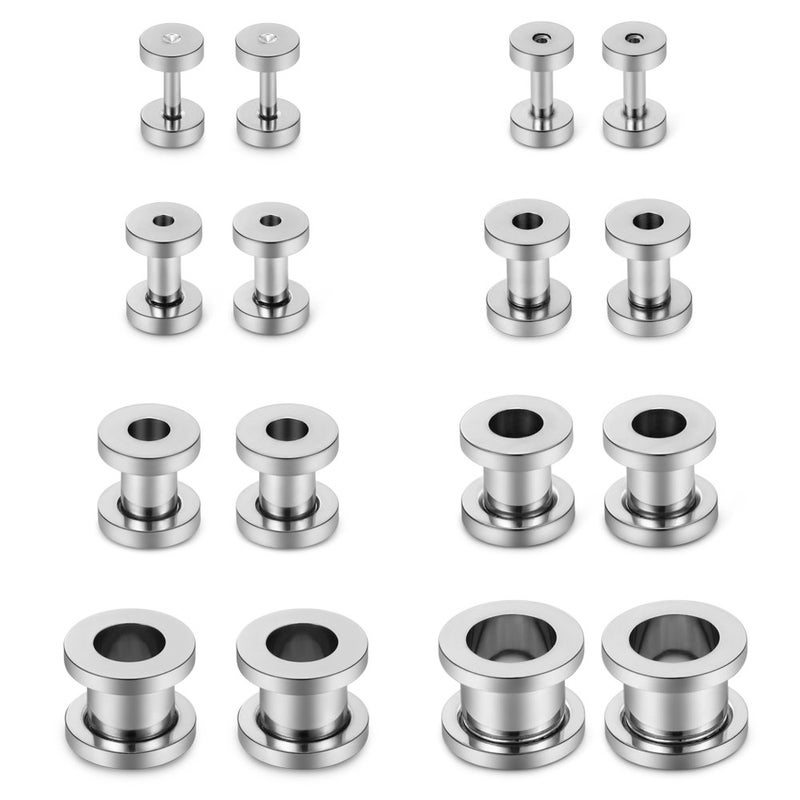 SCERRING 8 Pairs Screw Ear Tunnels Stretching Kit Stainless Steel Gauge Plugs Expanders Set 14G-00G Silver - Image 5