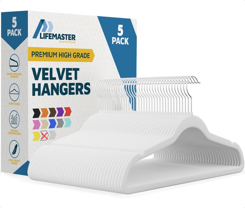 Lifemaster Velvet Clothes Hanger â€“ with 360 Degree Swivel Hook and Non-Slip Shoulder Notch, Holds Up to 10 lbs, Heavy Duty Hanger Set, for Organizing Suit, Dress, Coat, and Clothes, Pack of 5, White - Image 1