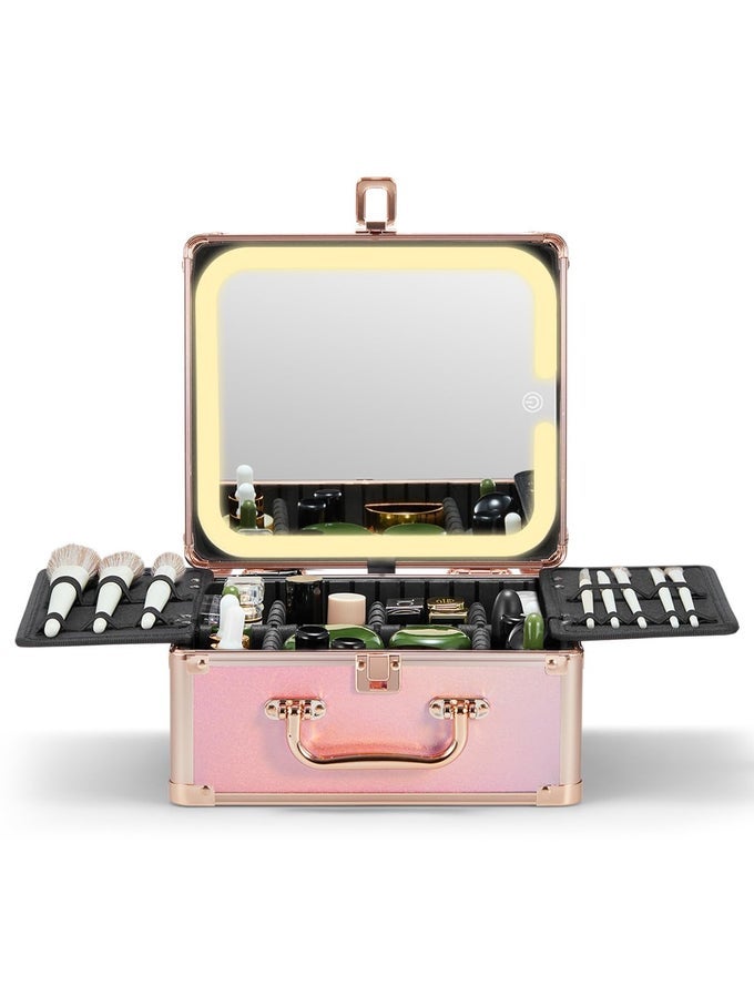 MAKEUP BOX WITH A DETACHABLE LIGHTED MIRROR WATERPROOF TRAVEL TRAIN CASE COSMETIC ORGANIZER AND MAKEUP SUITCASE WITH ADJUSTABLE DIVIDERS MAGNETIC LED MIRRORSPARKLING GRADIENT PINK