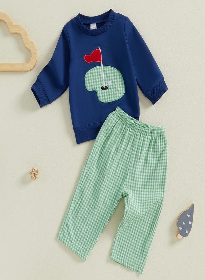 SAYOO Toddler Baby Boy Golf Outfit Hole in One Embroidery Sweatshirts Top Plaid Long Pants Set 2Pcs Golf Theme Fall Clothes (Navy Blue, 6-12 Months) - Image 3
