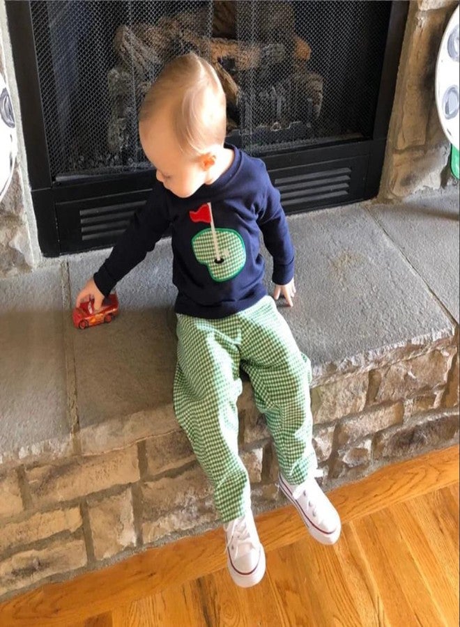 SAYOO Toddler Baby Boy Golf Outfit Hole in One Embroidery Sweatshirts Top Plaid Long Pants Set 2Pcs Golf Theme Fall Clothes (Navy Blue, 6-12 Months) - Image 2