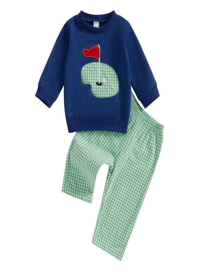 SAYOO Toddler Baby Boy Golf Outfit Hole in One Embroidery Sweatshirts Top Plaid Long Pants Set 2Pcs Golf Theme Fall Clothes (Navy Blue, 6-12 Months) - Image 1