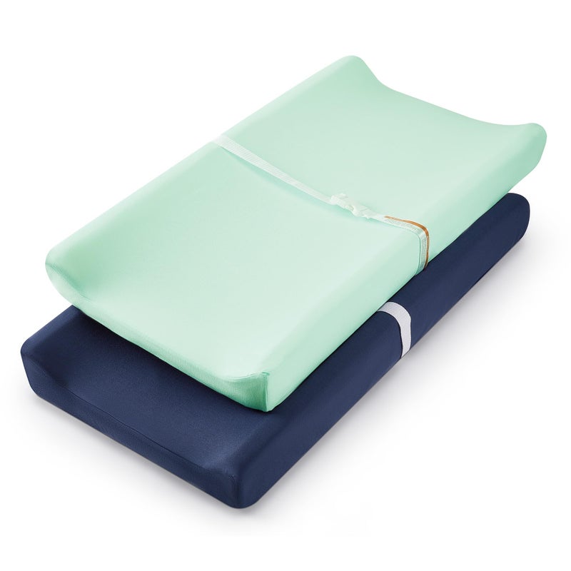 TILLYOU Changing Pad Cover Set in Soft Jersey Material - Fits 32"/34''x16 Contoured Pad for Babies, Navy Blue & Lt Green - Image 1
