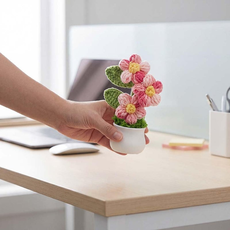 Blync Knitting Crochet Puff Flowers Potted Plants, Gradient Colorful Flowers for Friends, Family and Lover, Handmade Flowers for Home Office Decoration, Car Decoration, Valentine's Gift. (GPink) - Image 3