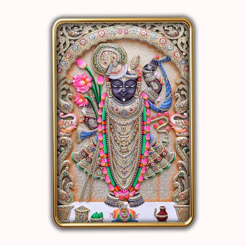 Dharvika Innovations Dharvika Innovations Shrinathji photo frame for wall decoration paintings for living room golden slim frame with sparkle coated lamination painting wall decoration 2407 1824 Inch Without Glass  - Image 1