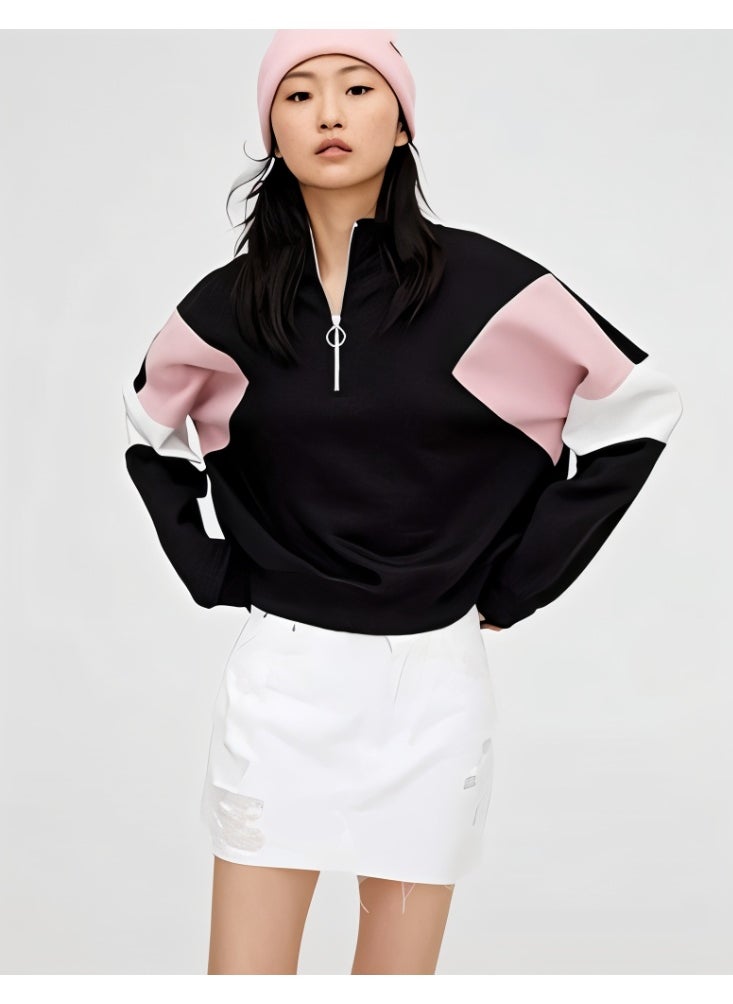 LOUD UNIVERSE Women’s Color Block Sweatshirt – Zip Neck, High Collar, Long Sleeve Pullover, Cotton-Blend Fleece, Casual Sporty Style  - Image 1