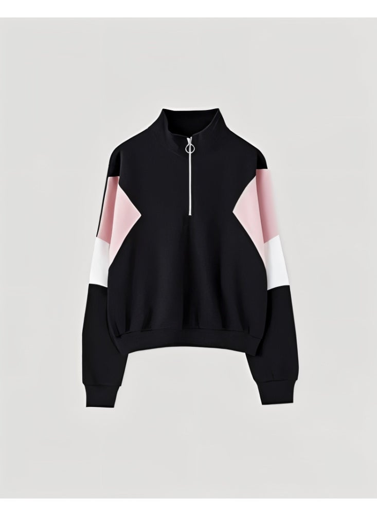 LOUD UNIVERSE Women’s Color Block Sweatshirt – Zip Neck, High Collar, Long Sleeve Pullover, Cotton-Blend Fleece, Casual Sporty Style  - Image 3