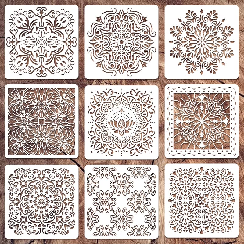 Wall Stencils for Painting Large Pattern 9Pcs 12 Inch Mandala Stencils for Crafts on Wall Wood Furniture Floor Tile Plastic Reusable Stencils for Home Decor and Other DIY Projects