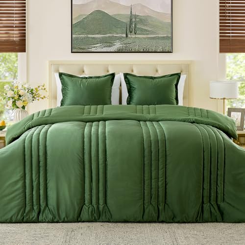 MUSSEL King Size Comforter Set Olive Green 3 Pieces,Luxury Velvet Striped Bedding Comforter Sets,Elegant Lightweight Neutral Soft Fluffy King Comforter Sets for Bedroom - Image 1