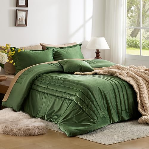 MUSSEL King Size Comforter Set Olive Green 3 Pieces,Luxury Velvet Striped Bedding Comforter Sets,Elegant Lightweight Neutral Soft Fluffy King Comforter Sets for Bedroom - Image 2