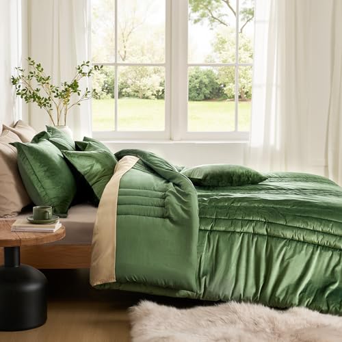MUSSEL King Size Comforter Set Olive Green 3 Pieces,Luxury Velvet Striped Bedding Comforter Sets,Elegant Lightweight Neutral Soft Fluffy King Comforter Sets for Bedroom - Image 4