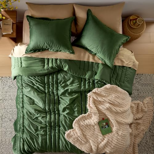 MUSSEL King Size Comforter Set Olive Green 3 Pieces,Luxury Velvet Striped Bedding Comforter Sets,Elegant Lightweight Neutral Soft Fluffy King Comforter Sets for Bedroom - Image 3