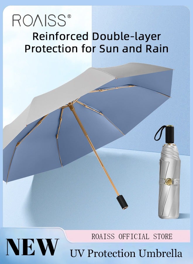 Unisex All-Weather Umbrella, Triple-Fold Double-Layer Titanium Silver Sunshade, UV-Protective Reinforced Wind-Resistant Umbrella, Solid Color Portable Black Vinyl Sunshade, Blue