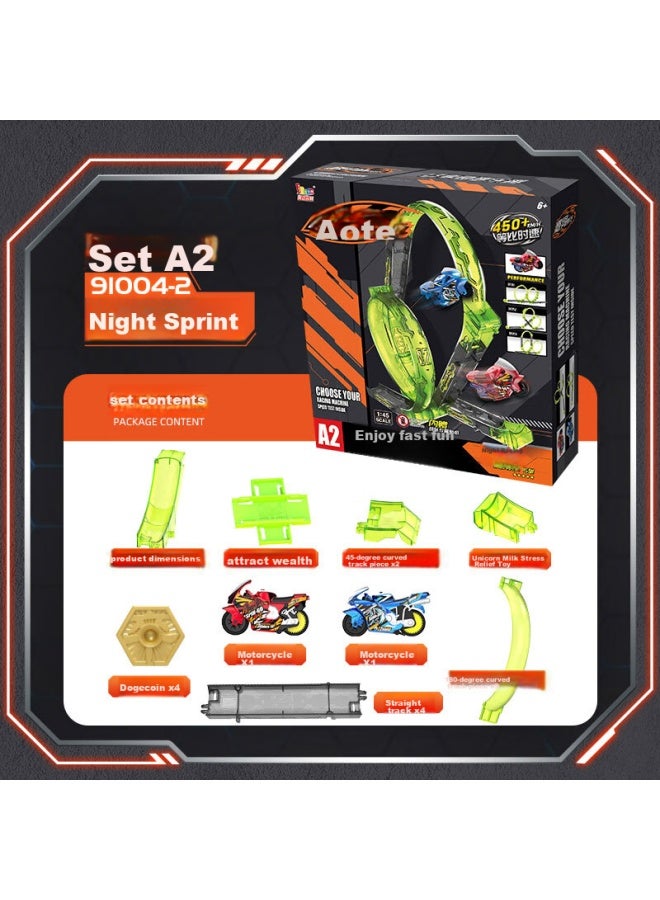 Idoon Fierce Dog Motorcycle Racing Car, Boys' Toy Set, Pull-back Inertia Car With Track - Dark Night Racing Birthday Gift - Image 1