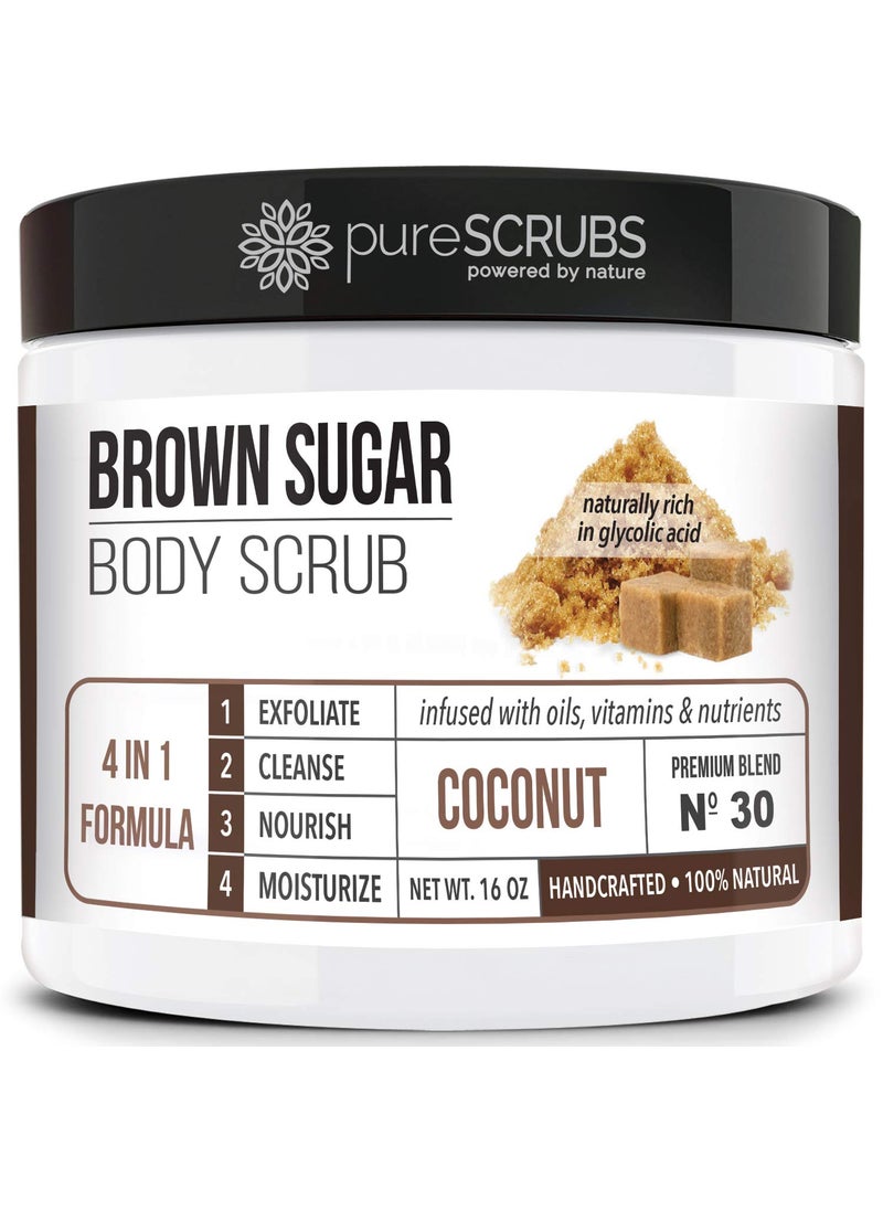 pureSCRUBS - pureSCRUBS Premium Coconut Brown Sugar Scrub  Face Feet  Full Body Scrub  Large 16oz Jar Includes Wooden Spoon Loofah  Mini Exfoliating Bar Soap - Image 1