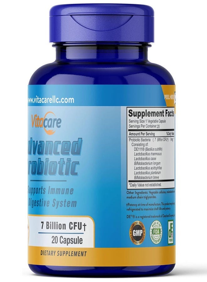 فيتا كير بروبيوتيك متقدم 20 كبسولة نباتية 7 مليار CFU من 7 سلالات مصنع في الولايات المتحدة الأمريكية يحتوي على Bacillus subtilis DE111® مقاوم لحموضة المعدة. يدعم صحة الجهاز الهضمي والمناعة. معتمد GMP وFDA، منتج مميز لصحة القولون - Image 2